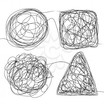 Tangle Scrawl Sketch Set Vector. Doodle Drawing Drawing Triangle, Square, Circle. Solving Problems. Depicts Haywire. Abstract Scribble Shape