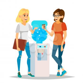 Water Cooler Gossip Vector. Modern Office Water Cooler. Laughing Friends, Office Colleagues Women Talking To Each Other. Communicating Female. Business Person. Women Discussion. Illustration