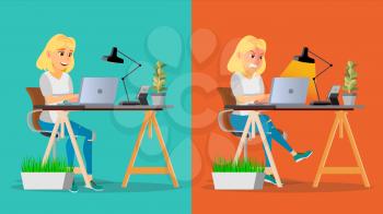 Stressed Out Woman Vector. Blonde Girl Working At Office. Stressful Work, Job. Tired Business Person. Hard Career. Calm Company Employee. Cartoon Character Illustration