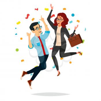 Business Couple Jumping Vector. Man And Woman. Objective Attainment, Achievement. Best Worker, Achiever. Isolated Flat Cartoon Character Illustration