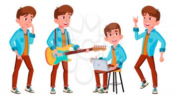 Teen Boy Poses Set Vector. Positive Person. For Postcard, Cover, Placard Design. Isolated Cartoon Illustration