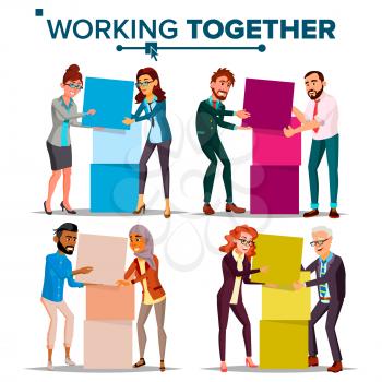 Working Together Concept Vector. Communication, Cooperation. Businessman And Business Woman. Teamwork. Successful Collective. Busy Day. Co-workers. Business People. Cartoon Illustration