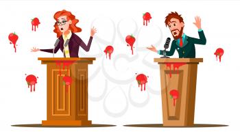Fail Speech Vector. Businessman, Woman. Unsuccessful Messaging, Presentation. Bad Feedback. Having Tomatoes From Crowd. Tribune, Rostrum With Microphone. Failed Communication Illustration