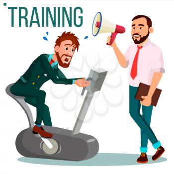 Business Training Concept Vector. Businessman Running On Exercise Bike. Office Worker. Hard Working. Teacher Shows Way. Suit. Seminar. Illustration