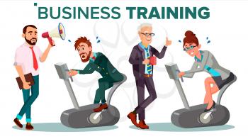 Business People Training Concept Vector. Businessman, Woman Running On Exercise Bike. Office Worker. Hard Working. Teacher Shows Way. Suit. Seminar. Reporting, Training Staff. Illustration
