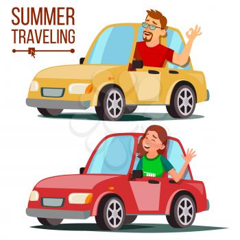 Summer Travelling By Car Vector. Male, Female. Girl And Boy In Summer Vacation. Driving Machine. Rides In The Car. Road Trip. Side View. Isolated Cartoon Illustration