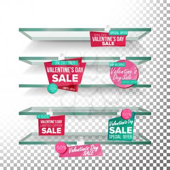 Supermarket Shelves, Valentine s Day Sale Advertising Wobblers Vector. Retail Sticker Concept. Mega Sale Design Concept. February 14 Best Offer. Discount Sticker. Love Sale Banners. Isolated