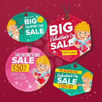 Valentine s Day Sale Tags Vector. Colorful Shopping Discounts Stickers. Cupid. Love Discount Concept. Season February 14 Sale Promotion Illustration