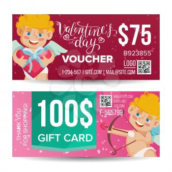 Valentine s Day Voucher Coupon Template Vector. Horizontal Leaflet Offer. February 14. Valentine Cupid And Gifts. Promotion Love Advertisement. Free Gift Red Illustration