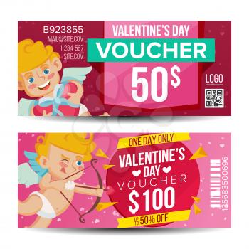 Valentine s Day Gift Voucher Vector. Horizontal Coupon. February 14. Valentine Cupid And Gifts. Shopping Advertisement. Business Love Gift Red Illustration