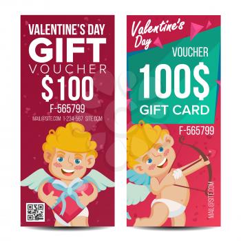 Valentine s Day Voucher Design Vector. Vertical Discount. February 14. Valentine Cupid And Gifts. Love Advertisement. Marketing Red Illustration