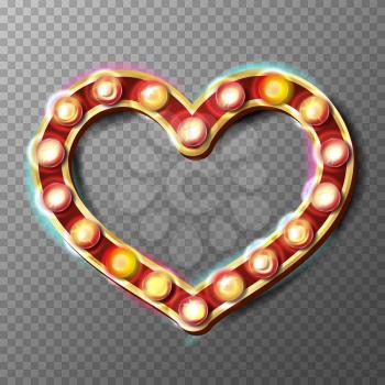 Golden Heart Frame Sign Vector. Glowing Light Bulbs. Isolated