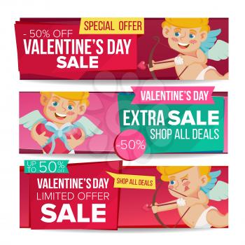 Valentine s Day Sale Banner Vector. February 14 Cupid. Discount Tag, Special Love Offer Horizontal Banners. Valentine Discount And Promotion. Half Price Romantic Stickers. Isolated Illustration