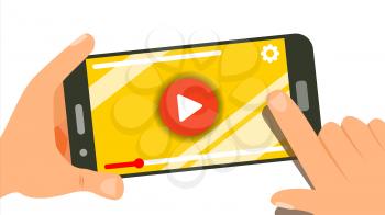 Watching Video On Smartphone Vector. Video Player On Screen. Red Play Symbol Button. Finger Touch Screen. Isolated Flat Illustration