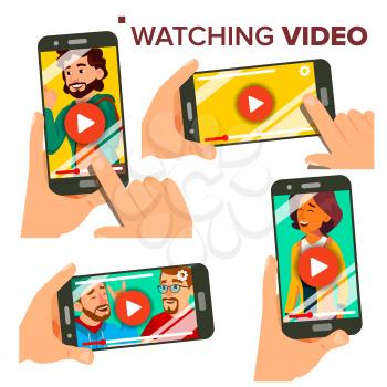 Watching Video On Smartphone Vector. Set. Mobile Phone. Red Play Symbol Button. Video Media Player Application. Isolated Illustration