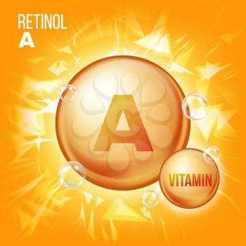 Vitamin A Retinol Vector. Vitamin Gold Oil Pill Icon. Organic Vitamin Gold Pill Icon. Capsule. For Beauty, Cosmetic, Heath Promo Ads Design. Chemical Formula. Illustration