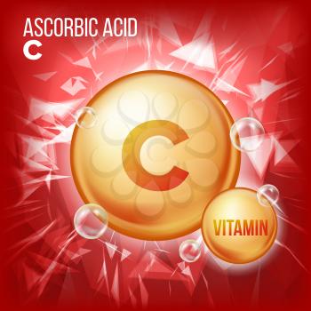 Vitamin C Ascorbic Acid Vector. Organic Vitamin Gold Pill Icon. Medicine Capsule, Golden Substance. For Beauty, Cosmetic, Heath Promo Ads Design. Vitamin Complex Formula. Illustration