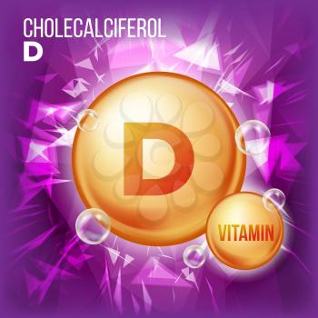 Vitamin D Cholecalciferol Vector. Vitamin Gold Oil Pill Icon. Organic Vitamin Gold Pill Icon. 3D Vitamin Complex Formula. Illustration