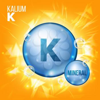 K Kalium Vector. Mineral Blue Pill Icon. Vitamin Capsule Pill Icon. Substance For Beauty, Cosmetic, Heath Promo Ads Design. Mineral Complex With Chemical Formula. Illustration