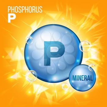 P Phosphorus Vector. Mineral Blue Pill Icon. Vitamin Capsule Pill Icon. Substance For Beauty, Cosmetic, Heath Promo Ads Design. Mineral Complex With Chemical Formula. Illustration