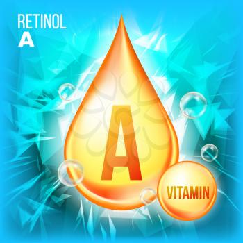 Vitamin A Retinol Vector. Vitamin Gold Oil Drop Icon. Organic Gold Droplet Icon. Liquid. For Beauty, Cosmetic, Heath Promo Ads Design. Drip 3D Complex Illustration