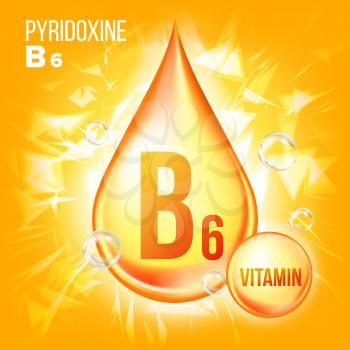 Vitamin B6 Pyridoxine Vector. Vitamin Gold Oil Drop Icon.Organic Gold Droplet Icon. For Beauty, Cosmetic, Heath Promo Ads Design. Drip 3D Complex. Illustration