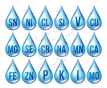 Mineral Icons Set Vector. Mineral Blue Drop Icon. Medicine Droplet. Substance. 3D Vitamin Complex With Chemical Formula. Liquid Illustration