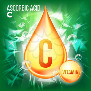 Vitamin C Ascorbic Acid Vector. Organic Vitamin Gold Drop Icon. Medicine Liquid, Golden Substance. For Beauty, Cosmetic, Heath Promo Ads Design. Drip Complex. Illustration