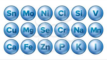 Mineral Icons Set Vector. Mineral Blue Pill Icon. Medicine Capsule. Substance. Vitamin Complex With Chemical Formula. Isolated Illustration