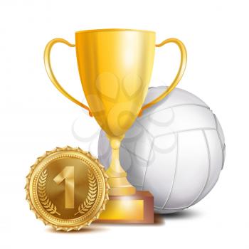 Volleyball Award Vector. Sport Banner Background. White Ball, Gold Winner Trophy Cup, Golden 1st Place Medal. 3D Realistic Isolated