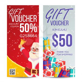 Christmas Voucher Vector. Vertical Banner. Merry Christmas. Santa Claus And Gifts. End Of The Year Advertisement. Cute Gift Illustration