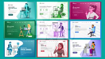 Website Design Template Set Vector. Business Interface. Responsive Banner Interface Architecture. Landing Page, Web, Site. Professional Team. Innovation Idea. Cartoon People. Illustration