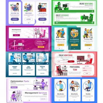 Website Banners Set Vector. Business Technology. Creative Modern Layout. Cartoon People. Web Design And Development. Horizontal, Vertical. Illustration