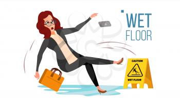 Woman Slips On Wet Floor Vector. Caution Sign. Isolated Flat Cartoon Character Illustration