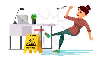 Woman Slips On Wet Floor Vector. Modern Business Woman In Office. Danger Situation. In Action. Clean Wet Floor. Isolated Flat Cartoon Character Illustration