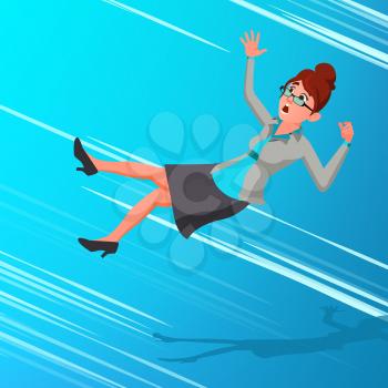 Business Woman Falling Down Vector. Finance Miskate, Business Bankruptcy, Work Crisis. Failure. Fall To The Bottom. Accident. Falling Character Illustration