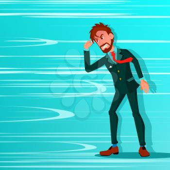Businessman Go Against Wind Blowing Vector. Against Obstacles. Opposite Direction. Opponent, Strategy Concept. Creative Solution, Innovation. Office Worker Illustration