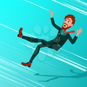 Businessman Falling Down Vector. Miskate, Bankruptcy, Economic Crisis. Business Fall To The Bottom. Debt Burden. Falling Character Illustration