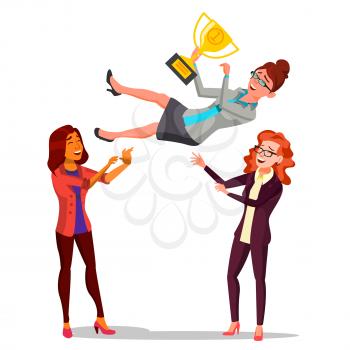 Winner Business Woman Vector. Throwing Colleague Up. Business People Celebrating Victory. With Golden Trophy. First. Prize. Flat Cartoon Illustration