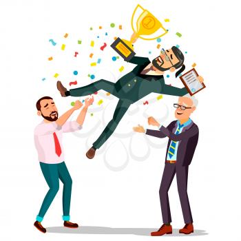 Winner Businessman Vector. Throwing Colleague Up. Business People Celebrating Victory. With Golden Trophy. First. Prize. Flat Cartoon Illustration