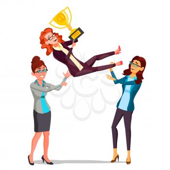 Winner Business Woman Vector. Throwing Colleague Up. Colleague Celebrating Goal Achievement. Holding Golden Cup. Champion Number One. Flat Cartoon Illustration