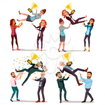 Winner Business People Set Vector. Man, Woman. Throwing Colleague Up. Colleague Celebrating Goal Achievement. First. Prize. Holding Golden Cup. Champion Number One. Cartoon Illustration