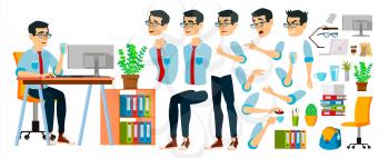 Business Man Character Vector. Working Asian Male. Business Start Up. Modern Office. Coding, Software Development. Programmer. Animation Set. Face Emotions. Cartoon Illustration