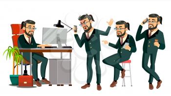 Boss Working Character Vector. Working Bearded Male. Modern Office Workplace. Animation Work. Cartoon Business Illustration