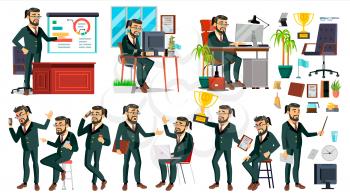 Boss Character Vector. Bearded. Environment Process In Office. Various Action. Cartoon Business Illustration