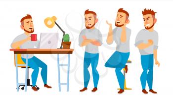 Business Character Vector. Working Man. Environment Process Creative Studio. Full Length. Designer, Manager. Poses, Face Emotions, Gestures Flat Cartoon Illustration