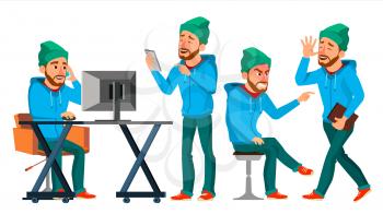 Business Man Character Vector. Working Male. Environment Process. Start Up. Bearded. Worker, Freelancer. Full Length. Programmer Developer Manager Expressions Flat Character Illustration