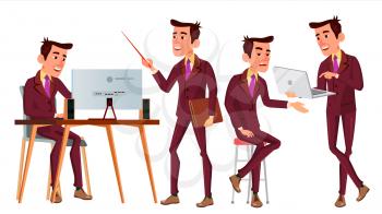 Office Worker Vector. Face Emotions, Various Gestures. Corporate Businessman Male. Isolated Cartoon Illustration