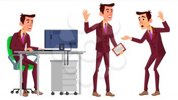Office Worker Vector. Face Emotions, Various Gestures. Businessman Human. Modern Cabinet Employee, Workman, Laborer. Isolated Flat Cartoon Character Illustration
