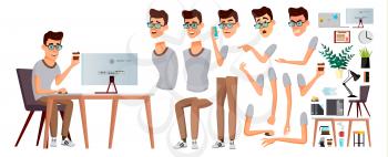 Office Worker Vector. Emotions, Gestures. Animation Creation Set. Business Person. Career. Modern Employee, Workman Flat Cartoon Character Illustration